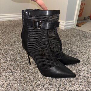 SHEIN Black Mesh Pointed Stiletto Ankle Boots with Buckle Strap